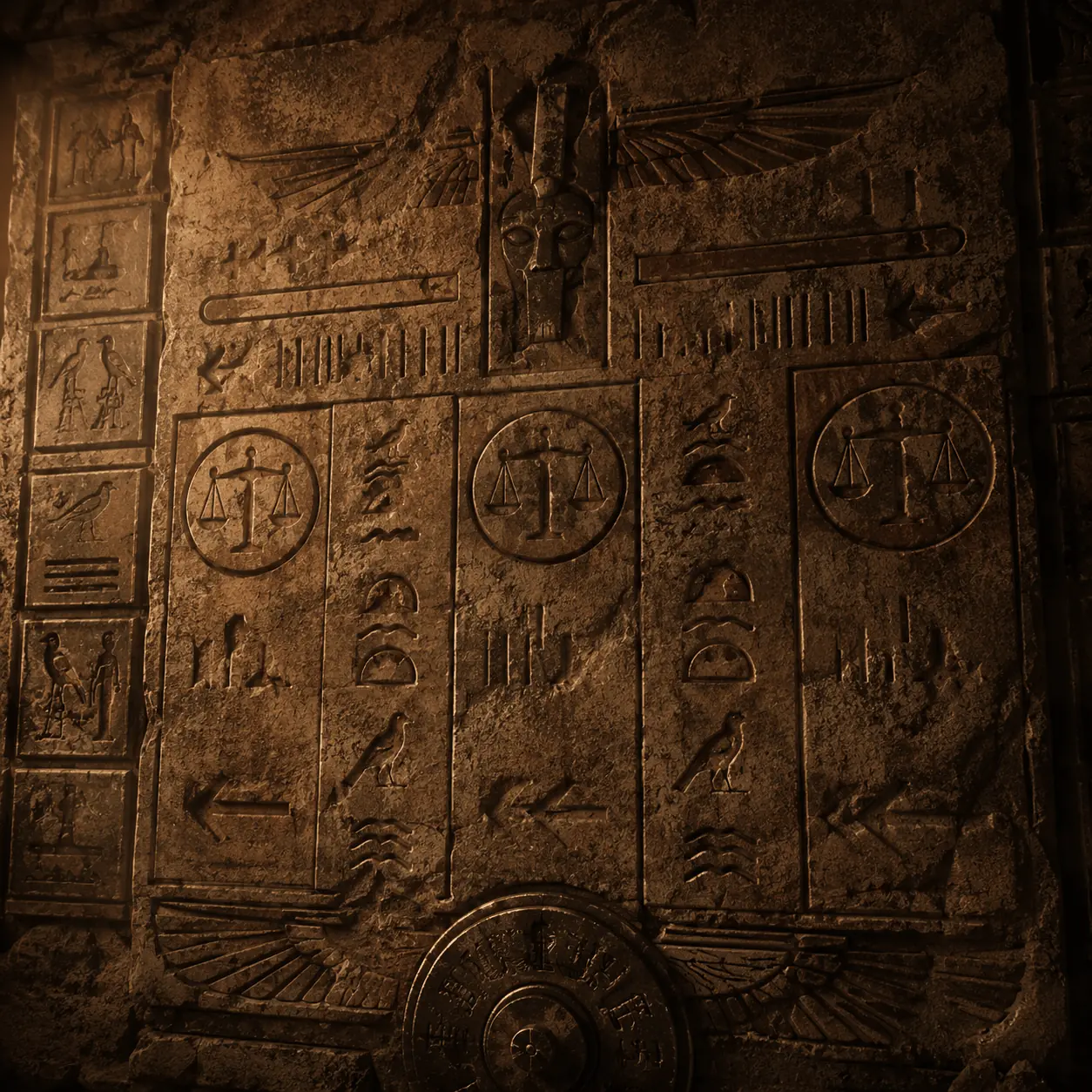 刻滿古代象形符號的石牆，用於說明遊戲中的符號解碼機制